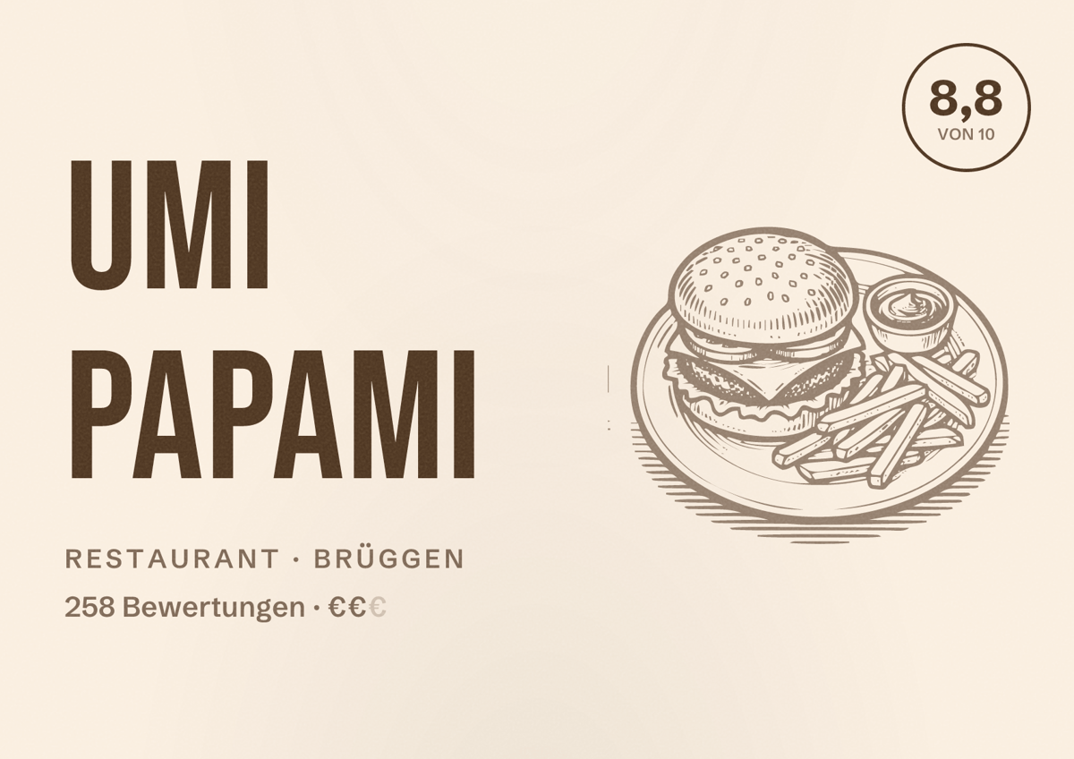 Illustriertes Poster von UMI Papami, Restaurant in Brüggen: Bewertung 8,8 von 10 aus 258 Bewertungen, Preisniveau €€