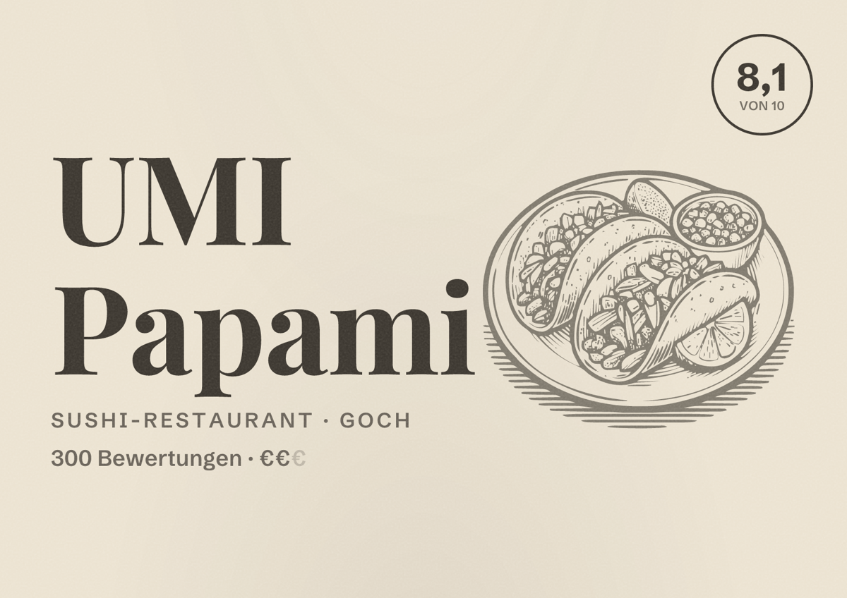 Illustriertes Poster von UMI Papami, Sushi-Restaurant in Goch: Bewertung 8,1 von 10 aus 300 Bewertungen, Preisniveau €€