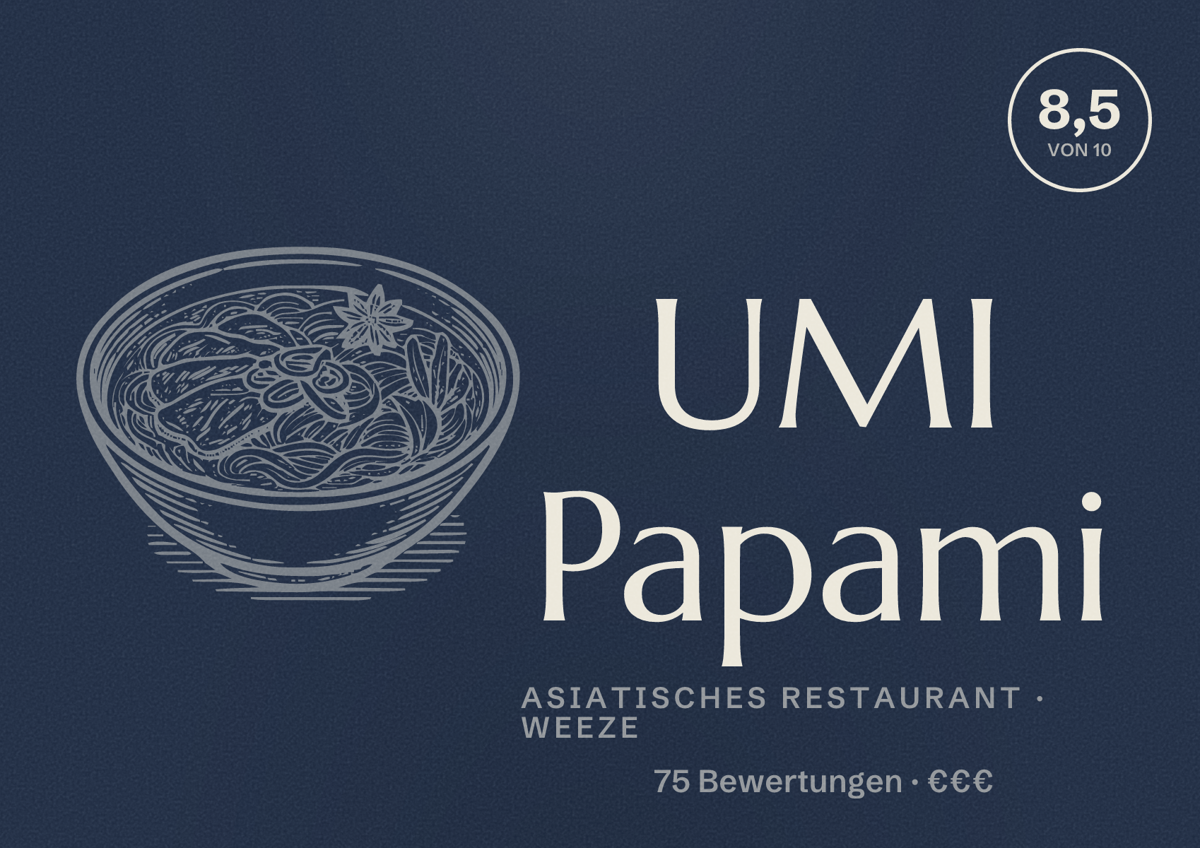 Illustriertes Poster von UMI Papami, Asiatisches Restaurant in Weeze: Bewertung 8,5 von 10 aus 75 Bewertungen, Preisniveau €€€