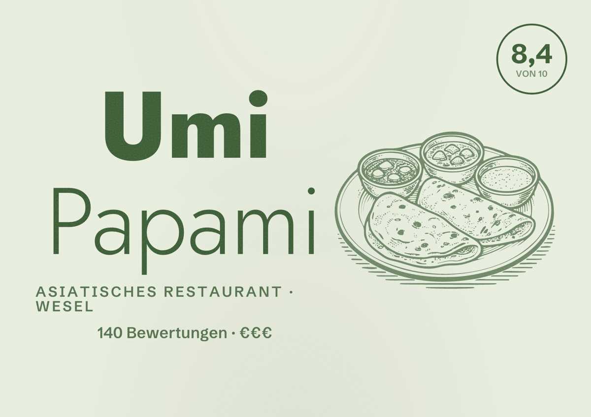 Illustriertes Poster von Umi Papami, Asiatisches Restaurant in Wesel: Bewertung 8,4 von 10 aus 140 Bewertungen, Preisniveau €€€