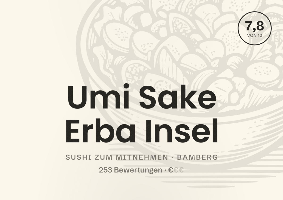 Illustriertes Poster von Umi Sake Erba Insel, Sushi zum Mitnehmen in Bamberg: Bewertung 7,8 von 10 aus 253 Bewertungen, Preisniveau €