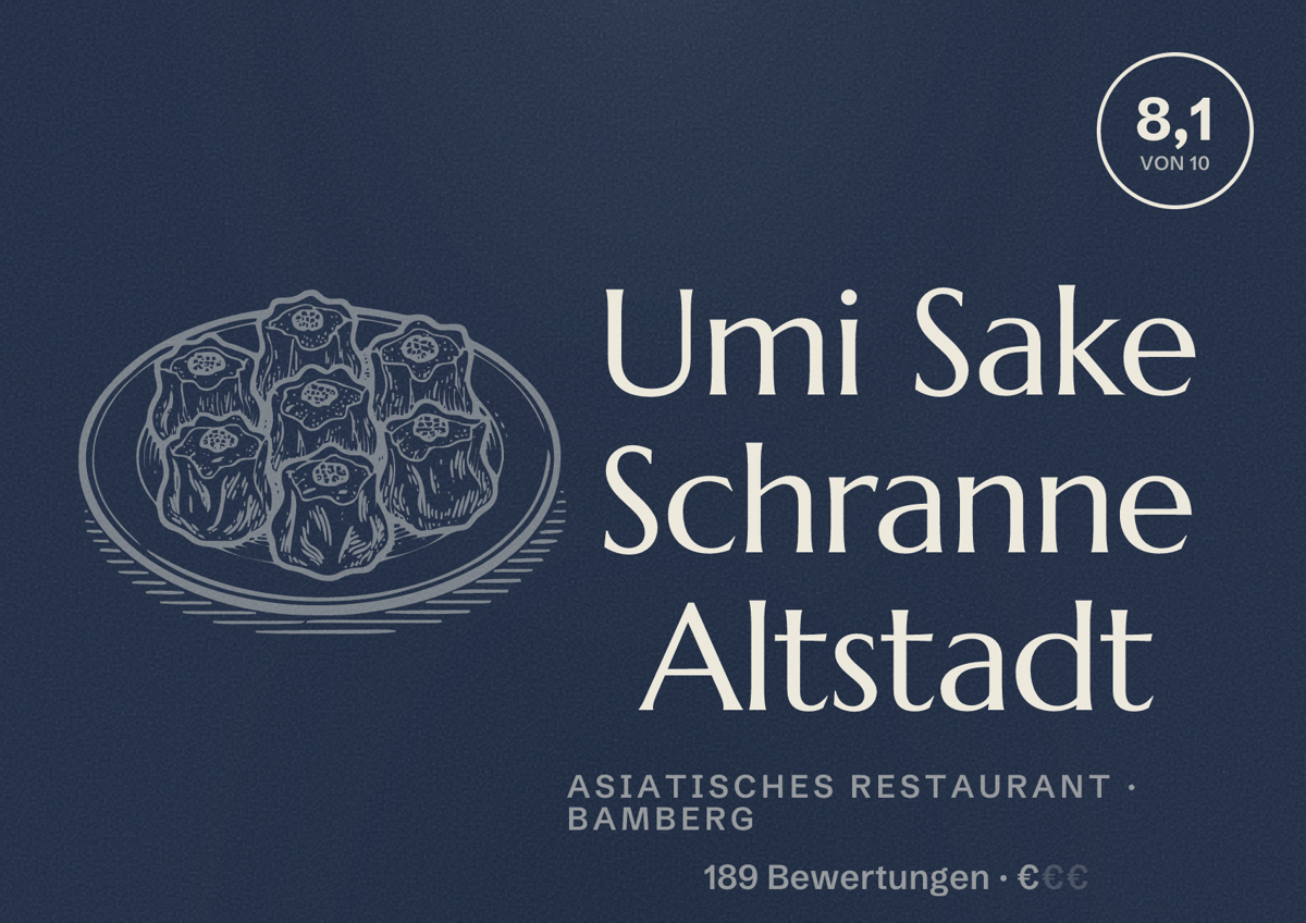 Illustriertes Poster von Umi Sake Schranne Altstadt, Asiatisches Restaurant in Bamberg: Bewertung 8,1 von 10 aus 189 Bewertungen, Preisniveau €