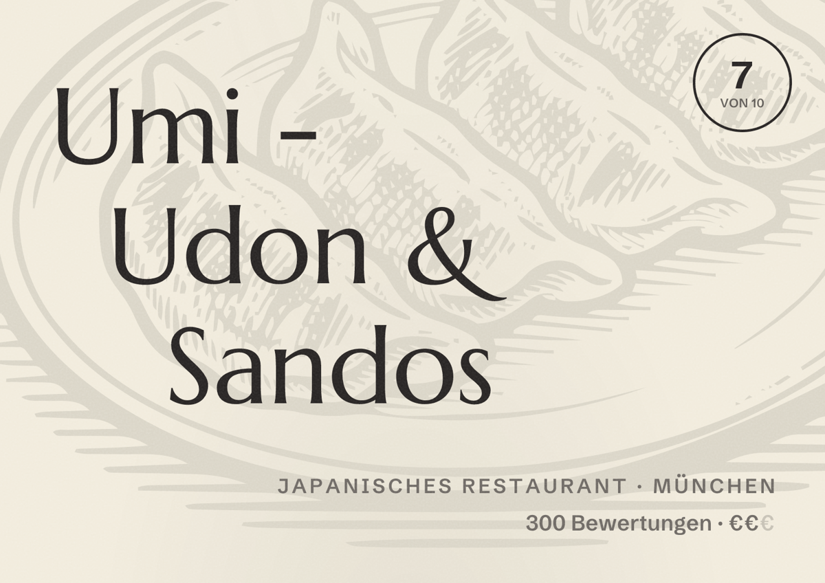 Illustriertes Poster von Umi - Udon & Sandos, Japanisches Restaurant in München: Bewertung 7 von 10 aus 300 Bewertungen, Preisniveau €€