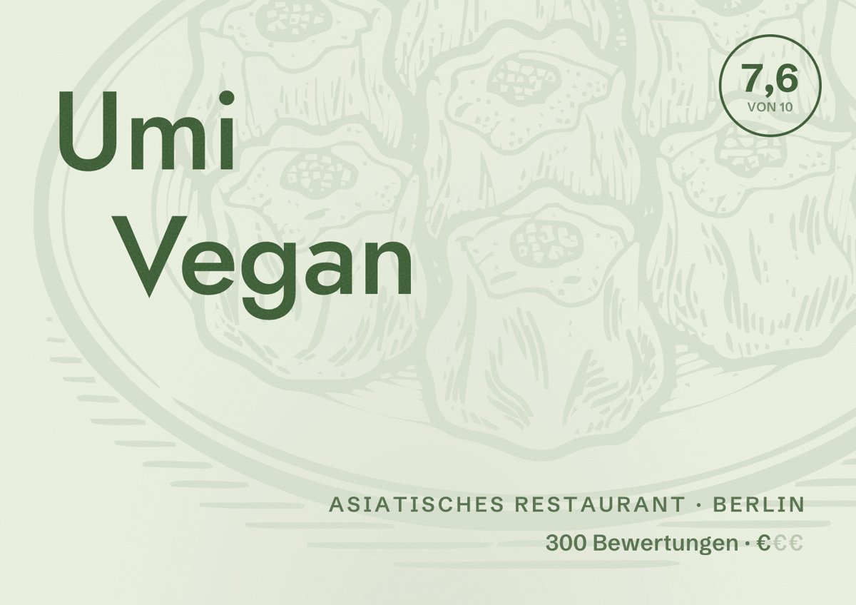Illustriertes Poster von Umi Vegan, Asiatisches Restaurant in Berlin: Bewertung 7,6 von 10 aus 300 Bewertungen, Preisniveau €