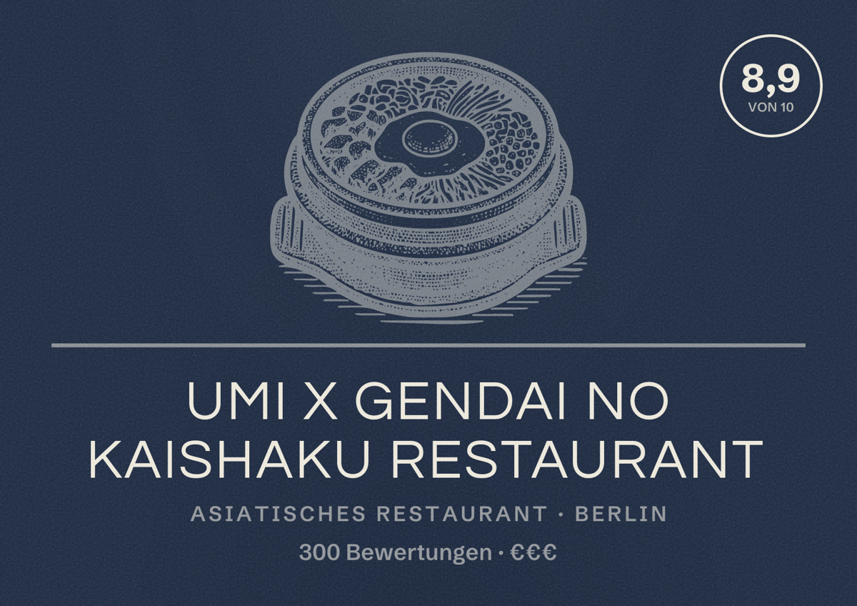 Illustriertes Poster von UMI x Gendai No Kaishaku Restaurant, Asiatisches Restaurant in Berlin: Bewertung 8,9 von 10 aus 300 Bewertungen, Preisniveau €€€