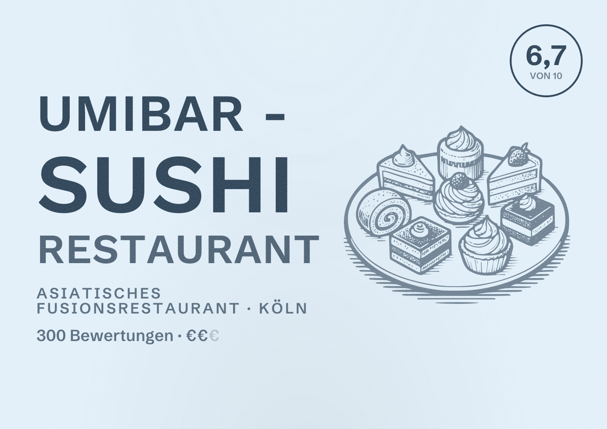 Illustriertes Poster von Umibar - Sushi Restaurant, Asiatisches Fusionsrestaurant in Köln: Bewertung 6,7 von 10 aus 300 Bewertungen, Preisniveau €€