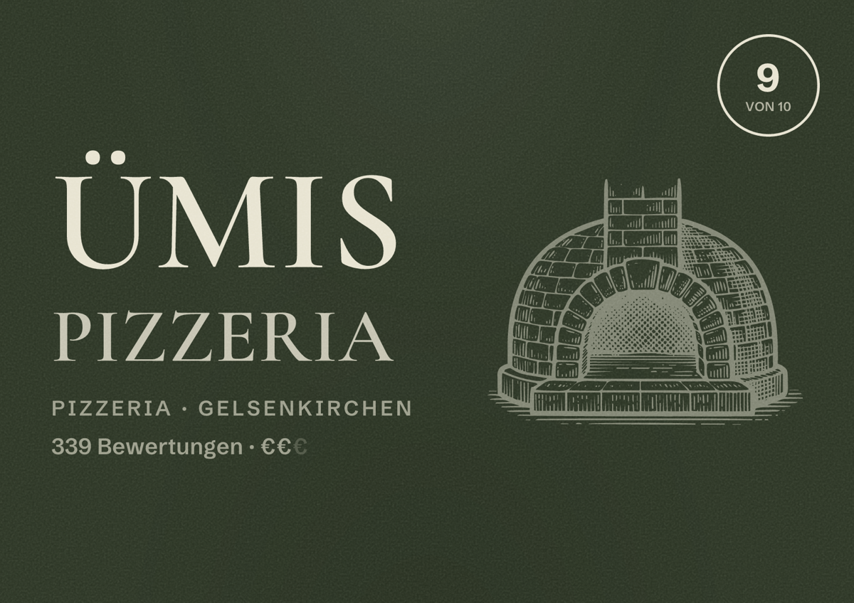 Illustriertes Poster von Ümis Pizzeria, Pizzeria in Gelsenkirchen: Bewertung 9 von 10 aus 339 Bewertungen, Preisniveau €€