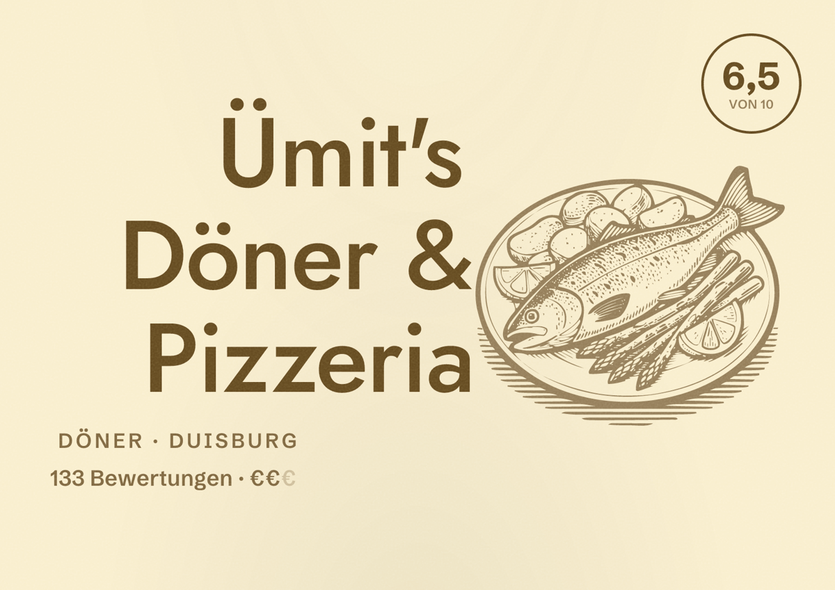 Illustriertes Poster von Ümit's Döner & Pizzeria, Döner in Duisburg: Bewertung 6,5 von 10 aus 133 Bewertungen, Preisniveau €€