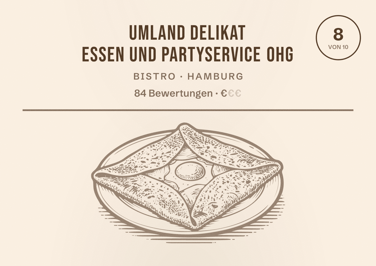 Illustriertes Poster von Umland delikat essen und Partyservice oHG, Bistro in Hamburg: Bewertung 8,0 von 10 aus 84 Bewertungen, Preisniveau €