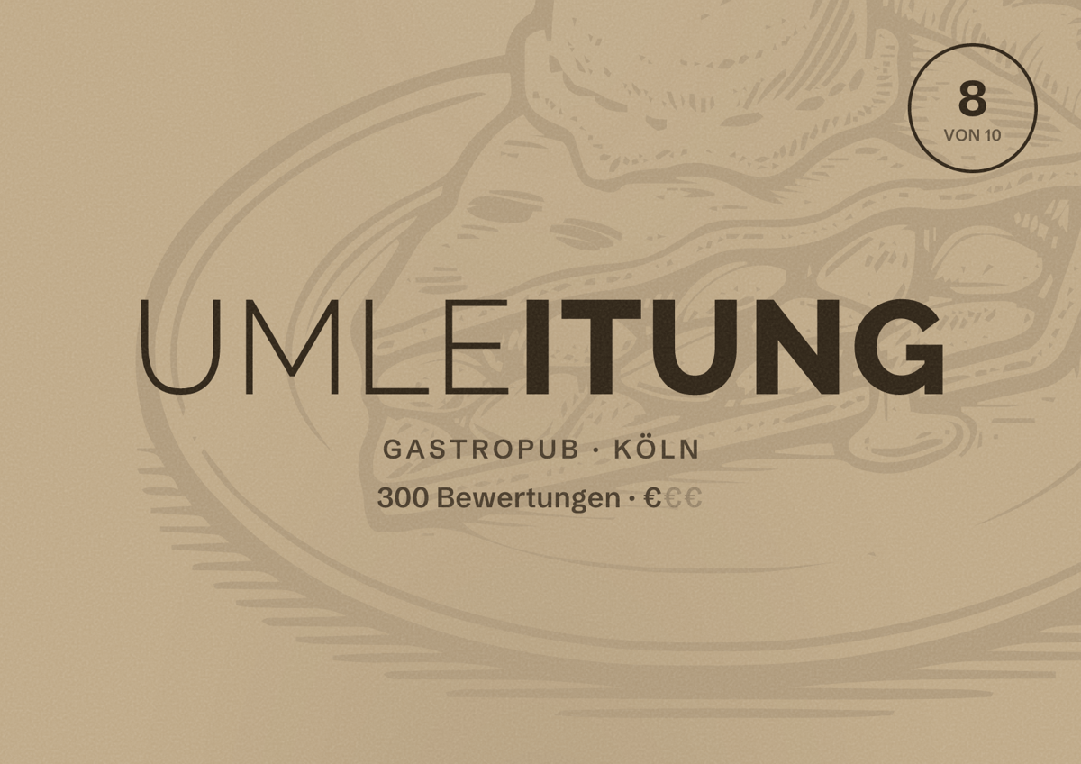 Illustriertes Poster von Umleitung, Gastropub in Köln: Bewertung 8,0 von 10 aus 300 Bewertungen, Preisniveau €