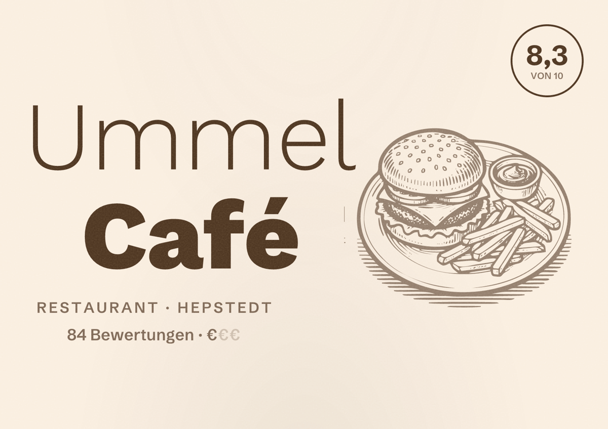 Illustriertes Poster von Ummel Café, Restaurant in Hepstedt: Bewertung 8,3 von 10 aus 84 Bewertungen, Preisniveau €