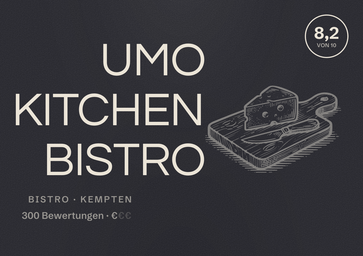 Illustriertes Poster von UMO KITCHEN BISTRO, Bistro in Kempten: Bewertung 8,2 von 10 aus 300 Bewertungen, Preisniveau €