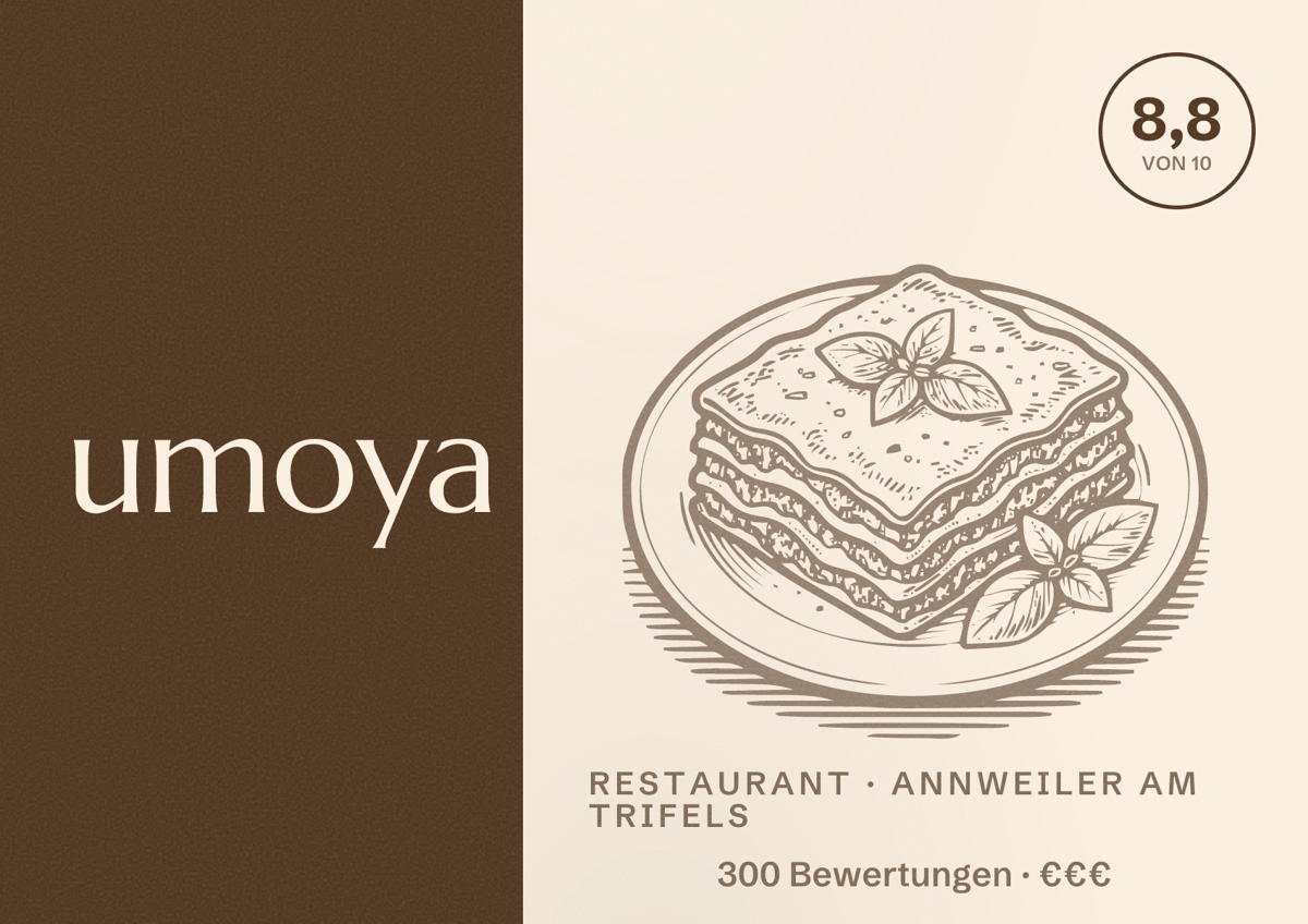 Illustriertes Poster von umoya, Restaurant in Annweiler am Trifels: Bewertung 8,8 von 10 aus 300 Bewertungen, Preisniveau €€€