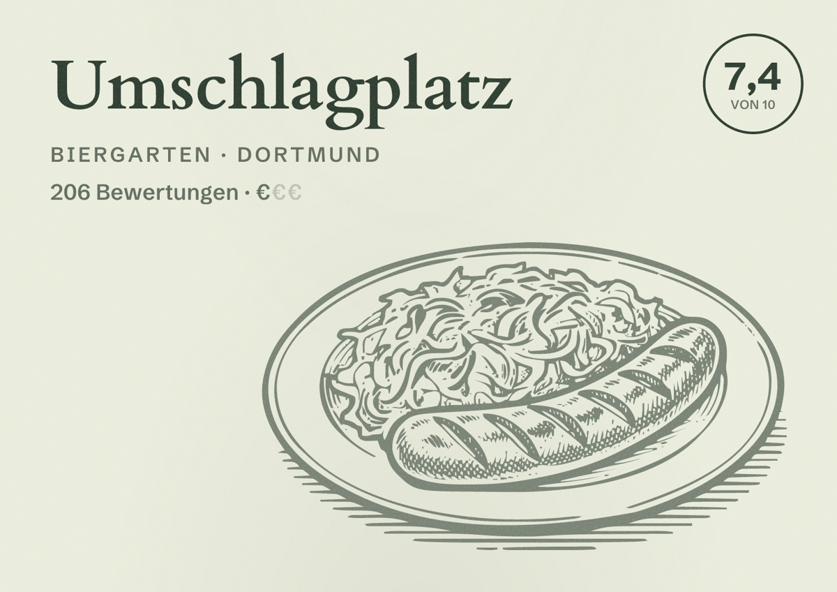 Illustriertes Poster von Umschlagplatz, Biergarten in Dortmund: Bewertung 7,4 von 10 aus 206 Bewertungen, Preisniveau €
