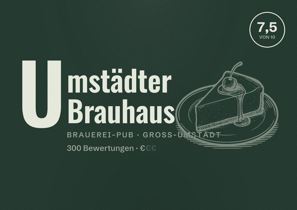 Illustriertes Poster von Umstädter Brauhaus, Brauerei-Pub in Groß-Umstadt: Bewertung 7,5 von 10 aus 300 Bewertungen, Preisniveau €