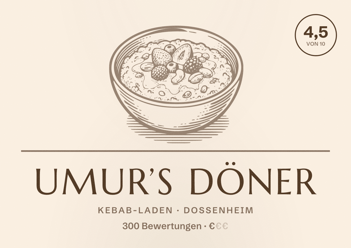 Illustriertes Poster von Umur’s Döner, Kebab-Laden in Dossenheim: Bewertung 4,5 von 10 aus 300 Bewertungen, Preisniveau €