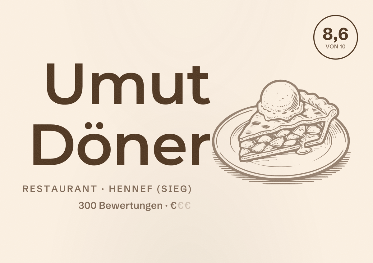 Illustriertes Poster von Umut Döner, Restaurant in Hennef (Sieg): Bewertung 8,6 von 10 aus 300 Bewertungen, Preisniveau €