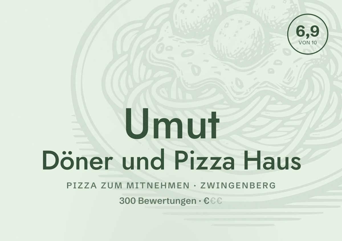 Illustriertes Poster von Umut Döner und Pizza Haus, Pizza zum Mitnehmen in Zwingenberg: Bewertung 6,9 von 10 aus 300 Bewertungen, Preisniveau €