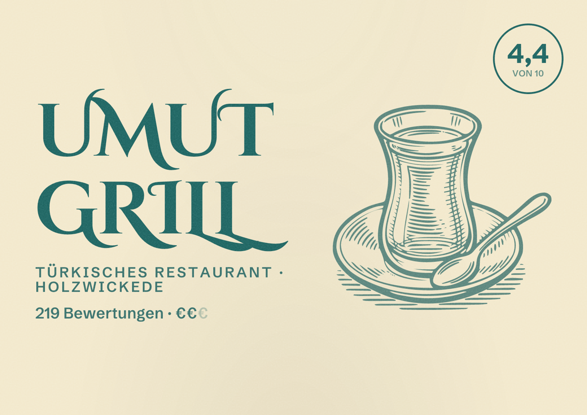 Illustriertes Poster von Umut Grill, Türkisches Restaurant in Holzwickede: Bewertung 4,4 von 10 aus 219 Bewertungen, Preisniveau €€