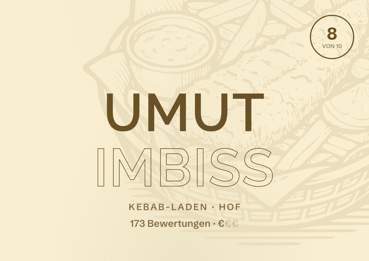 Illustriertes Poster von Umut Imbiss, Kebab-Laden in Hof: Bewertung 8 von 10 aus 173 Bewertungen, Preisniveau €