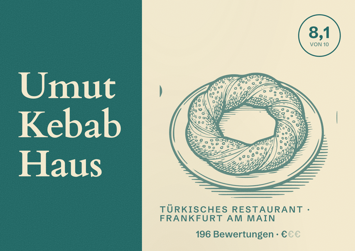 Illustriertes Poster von Umut Kebab Haus, Türkisches Restaurant in Frankfurt am Main: Bewertung 8,1 von 10 aus 196 Bewertungen, Preisniveau €