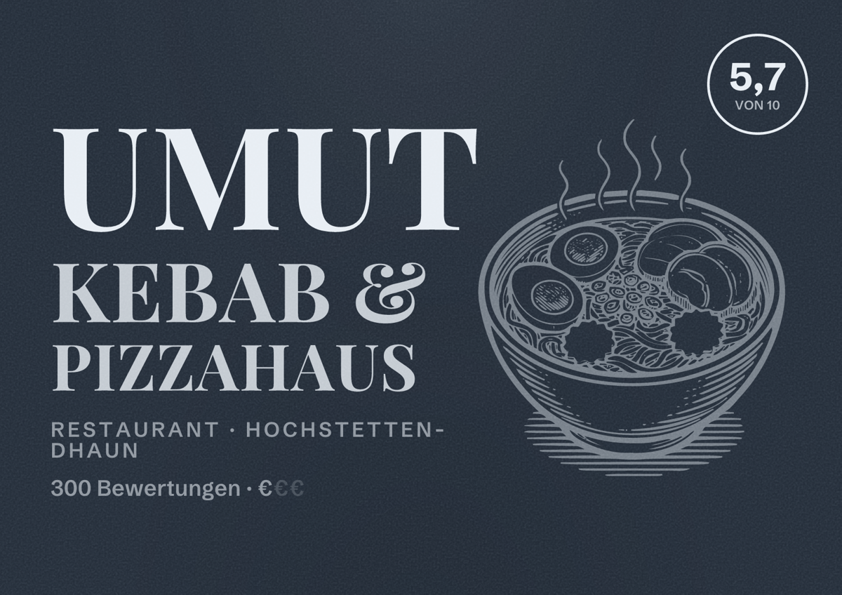 Illustriertes Poster von Umut Kebab & Pizzahaus, Restaurant in Hochstetten-Dhaun: Bewertung 5,7 von 10 aus 300 Bewertungen, Preisniveau €