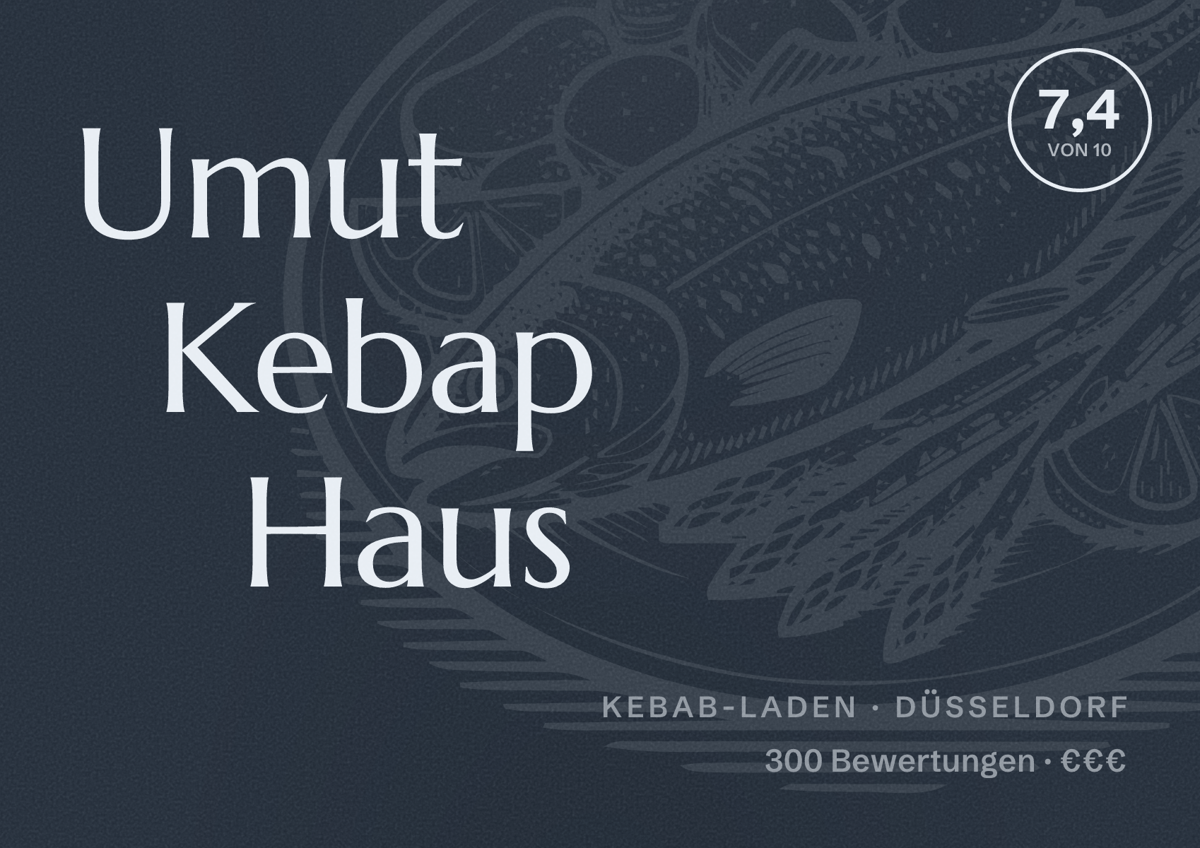 Illustriertes Poster von Umut Kebap Haus, Kebab-Laden in Düsseldorf: Bewertung 7,4 von 10 aus 300 Bewertungen, Preisniveau €€€