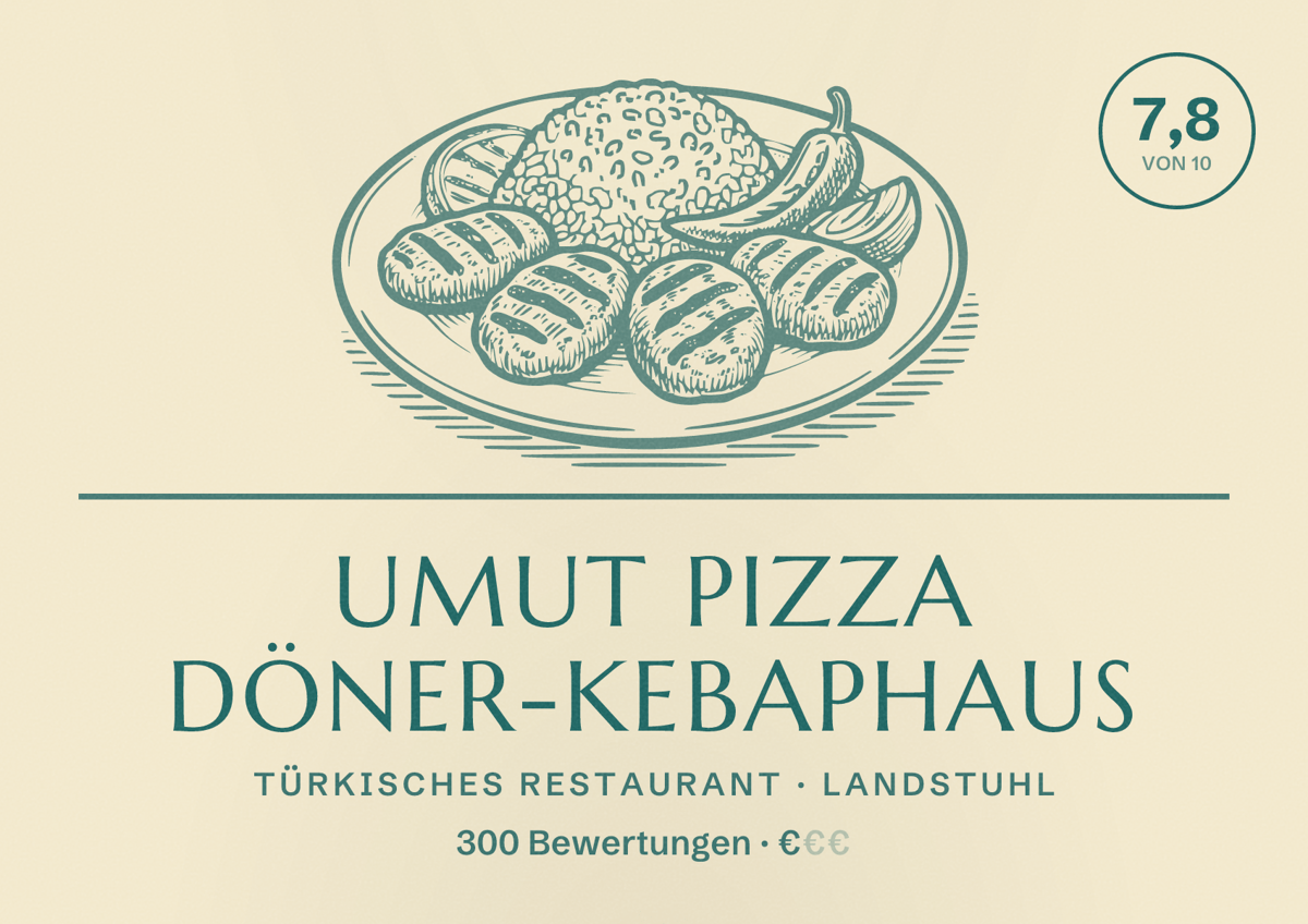 Illustriertes Poster von Umut Pizza Döner-Kebaphaus, Türkisches Restaurant in Landstuhl: Bewertung 7,8 von 10 aus 300 Bewertungen, Preisniveau €