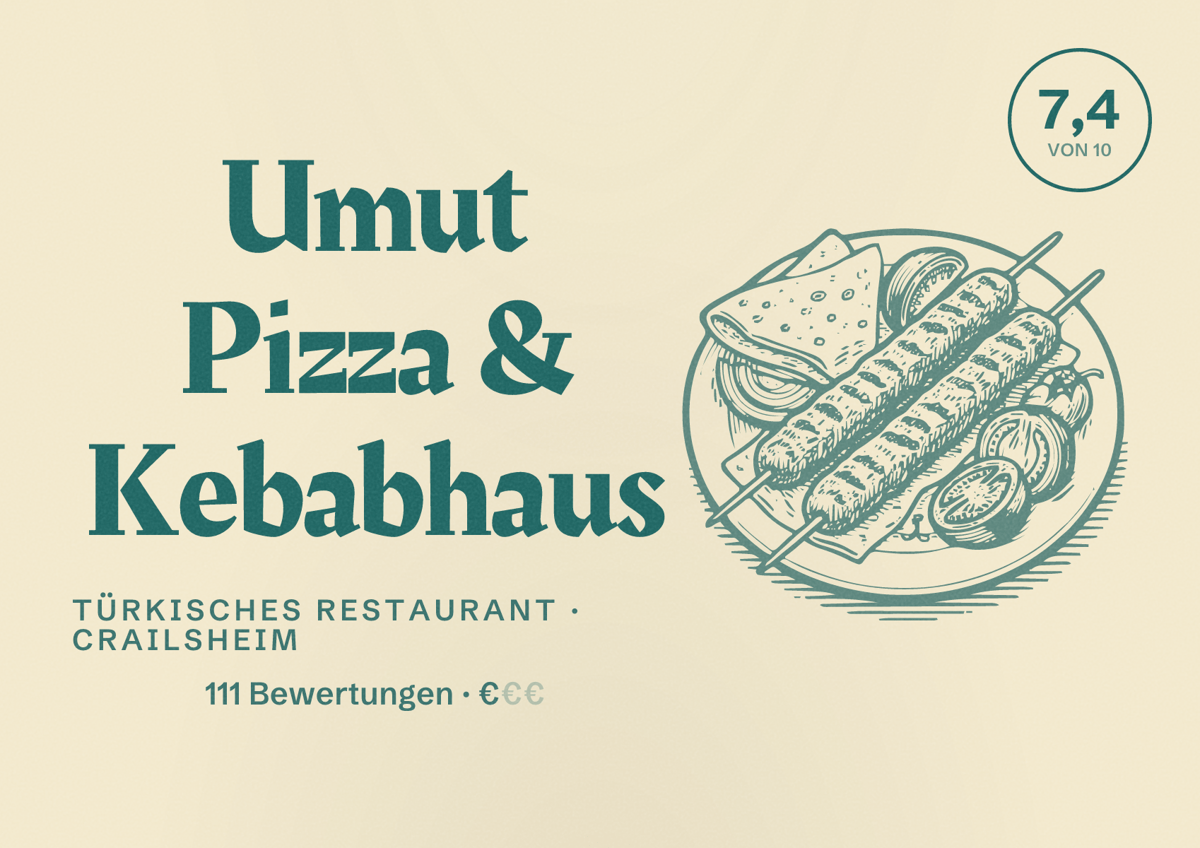 Illustriertes Poster von Umut Pizza & Kebabhaus, Türkisches Restaurant in Crailsheim: Bewertung 7,4 von 10 aus 111 Bewertungen, Preisniveau €