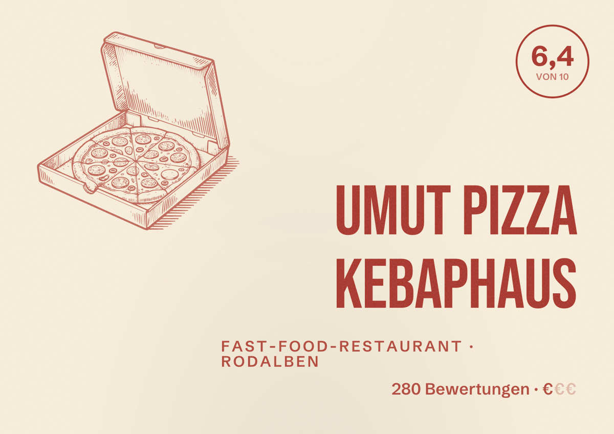 Illustriertes Poster von UMUT Pizza Kebaphaus, Fast-Food-Restaurant in Rodalben: Bewertung 6,4 von 10 aus 280 Bewertungen, Preisniveau €
