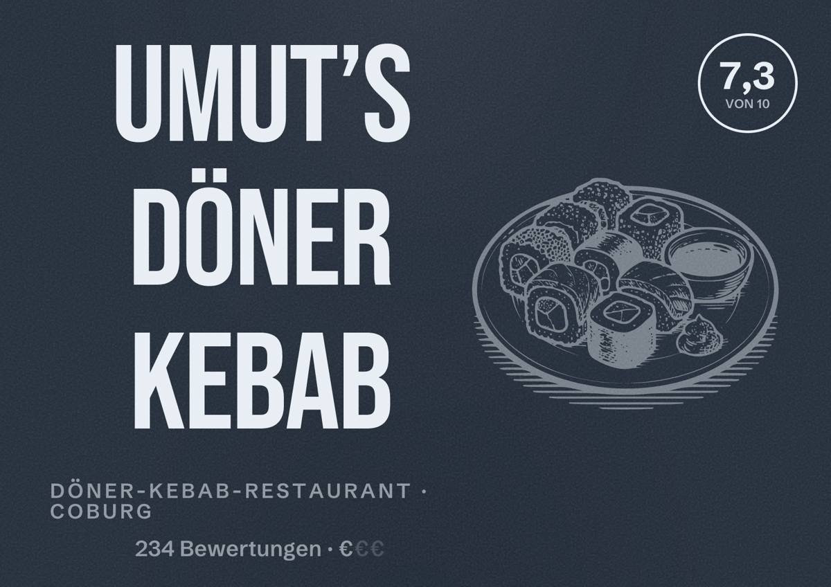 Illustriertes Poster von Umut’s Döner Kebab, Döner-Kebab-Restaurant in Coburg: Bewertung 7,3 von 10 aus 234 Bewertungen, Preisniveau €