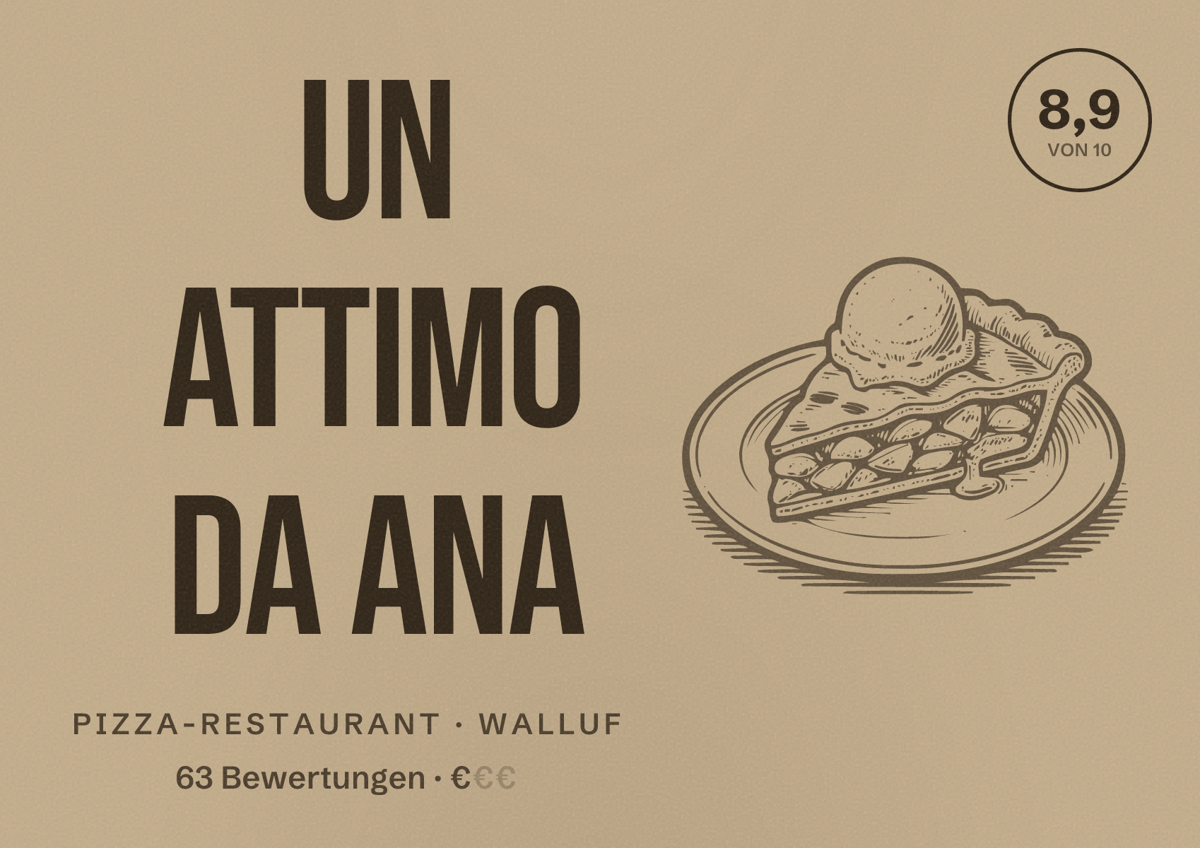 Illustriertes Poster von Un Attimo da Ana, Pizza-Restaurant in Walluf: Bewertung 8,9 von 10 aus 63 Bewertungen, Preisniveau €