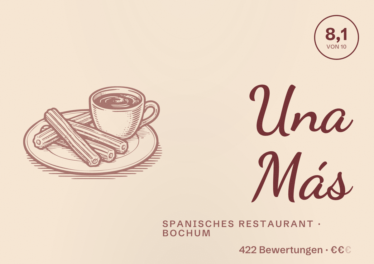 Illustriertes Poster von Una Más, Spanisches Restaurant in Bochum: Bewertung 8,1 von 10 aus 422 Bewertungen, Preisniveau €€