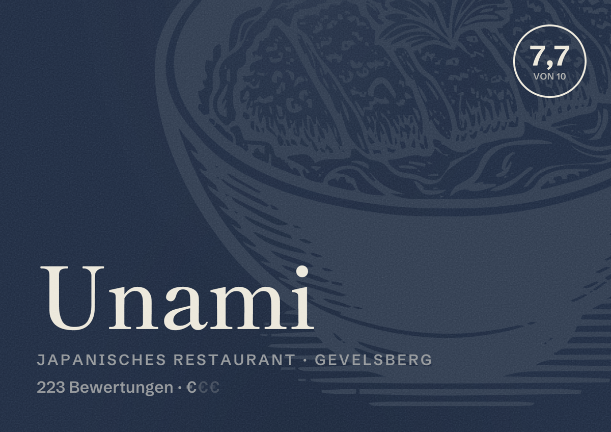 Illustriertes Poster von Unami, Japanisches Restaurant in Gevelsberg: Bewertung 7,7 von 10 aus 223 Bewertungen, Preisniveau €