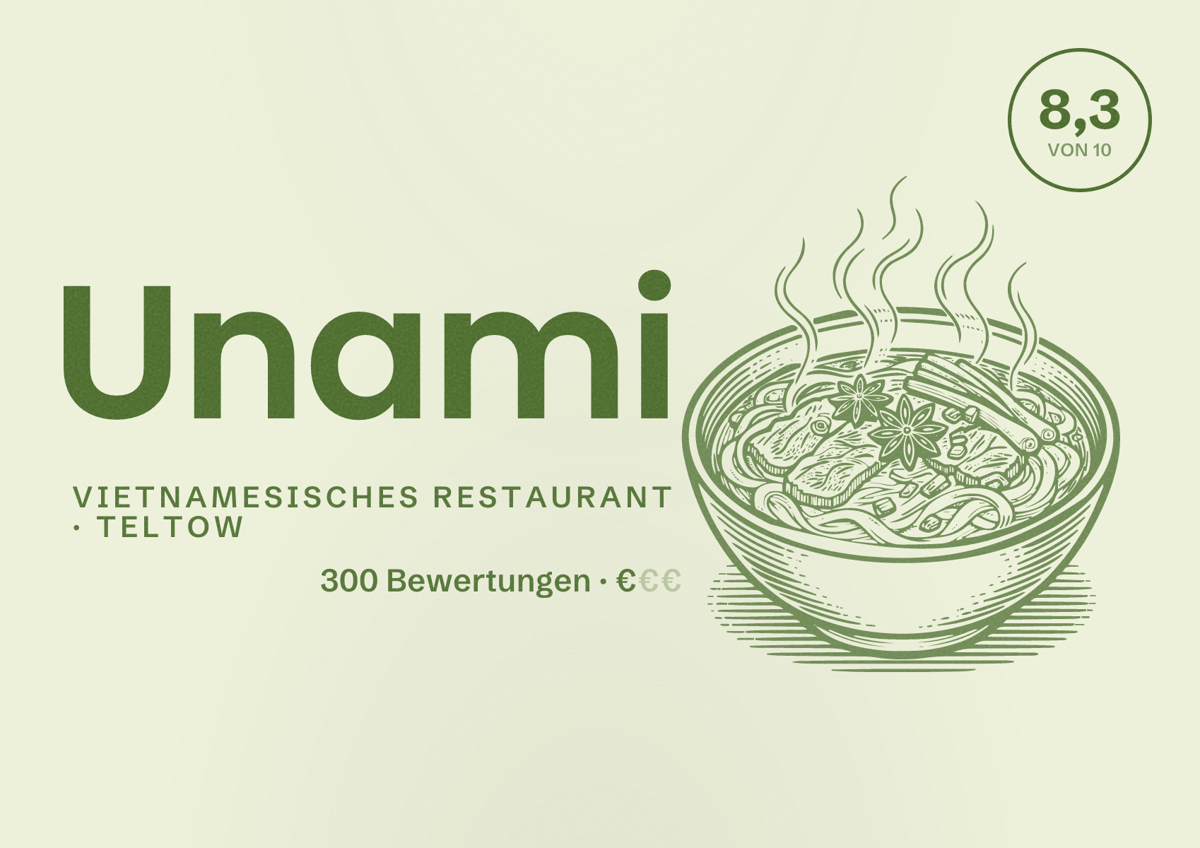 Illustriertes Poster von Unami, Vietnamesisches Restaurant in Teltow: Bewertung 8,3 von 10 aus 300 Bewertungen, Preisniveau €