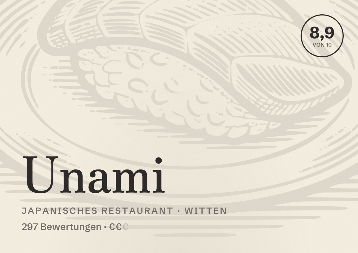 Illustriertes Poster von Unami, Japanisches Restaurant in Witten: Bewertung 8,9 von 10 aus 297 Bewertungen, Preisniveau €€