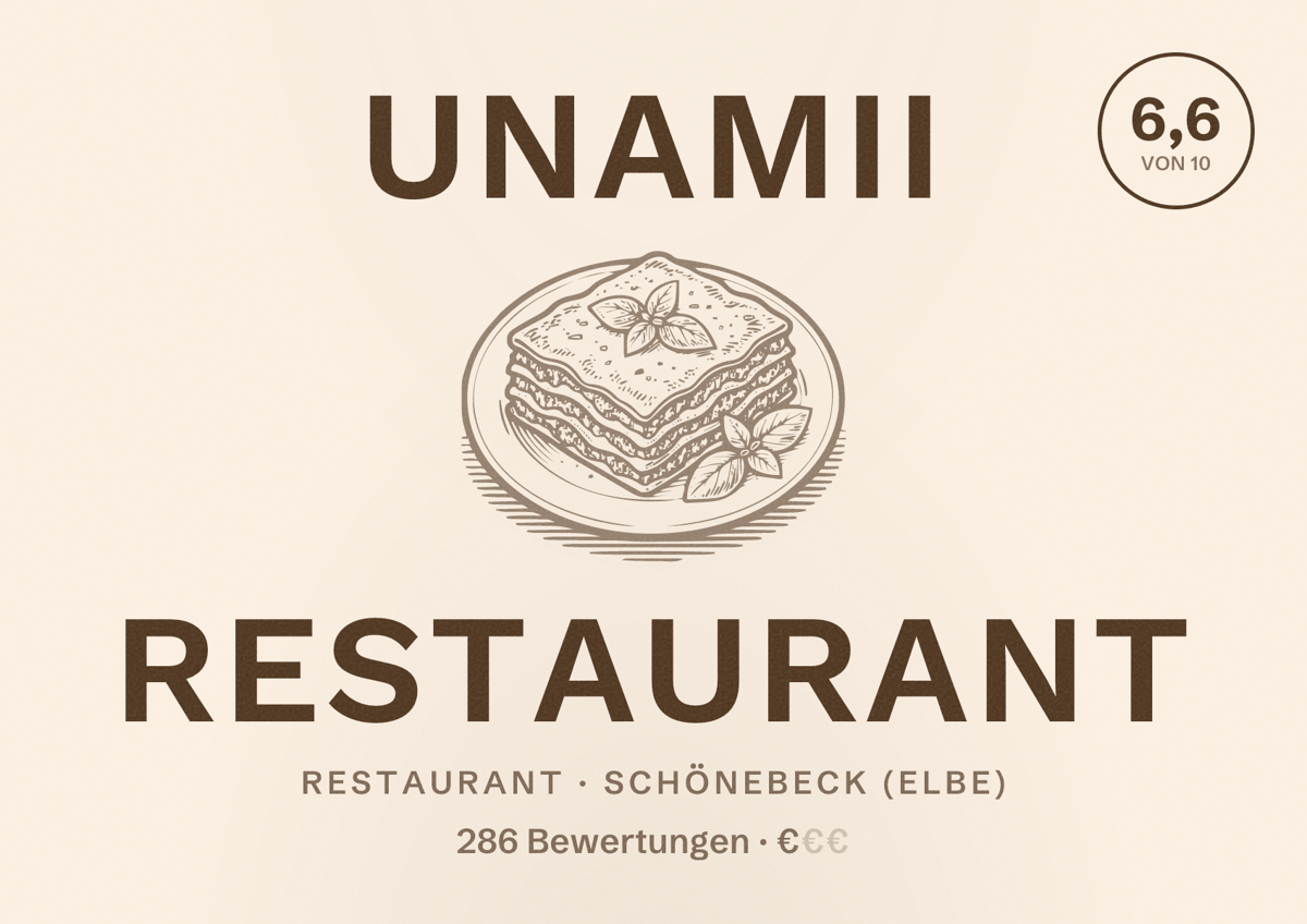 Illustriertes Poster von Unamii Restaurant, Restaurant in Schönebeck (Elbe): Bewertung 6,6 von 10 aus 286 Bewertungen, Preisniveau €