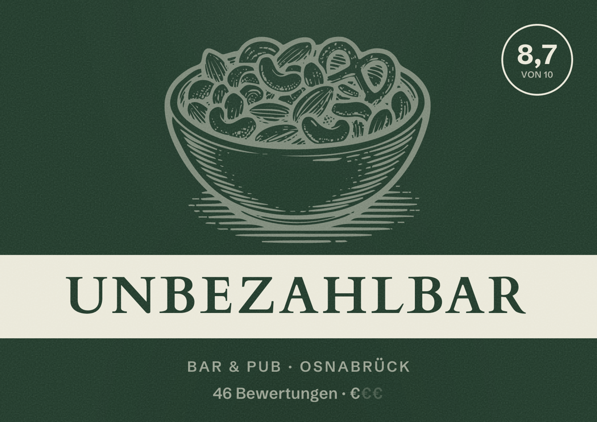 Illustriertes Poster von Unbezahlbar, Bar & Pub in Osnabrück: Bewertung 8,7 von 10 aus 46 Bewertungen, Preisniveau €