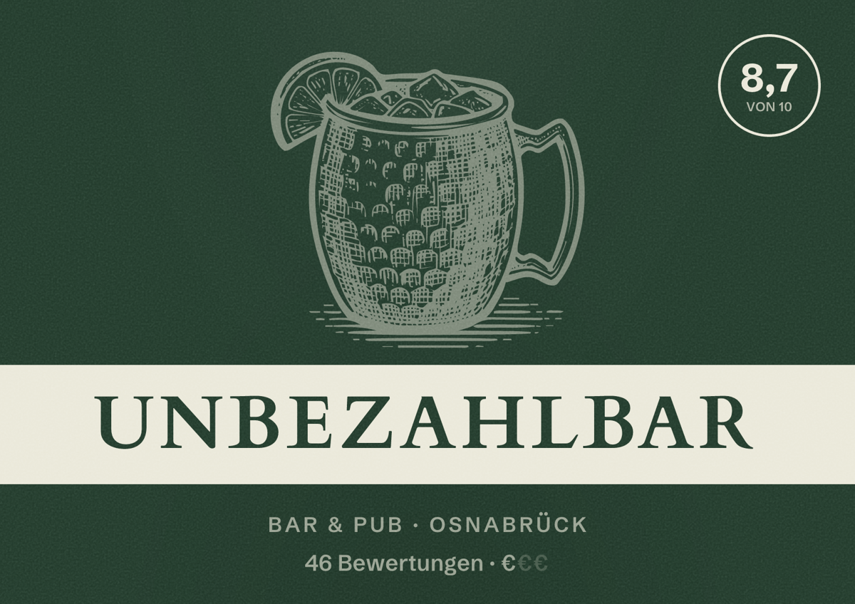 Illustriertes Poster von Unbezahlbar, Bar & Pub in Osnabrück: Bewertung 8,7 von 10 aus 46 Bewertungen, Preisniveau €