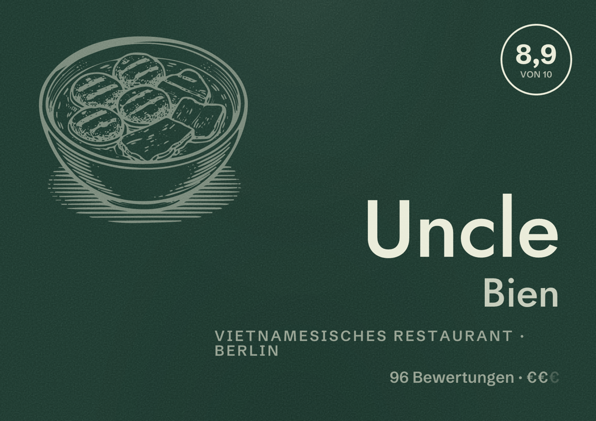 Illustriertes Poster von Uncle Bien, Vietnamesisches Restaurant in Berlin: Bewertung 8,9 von 10 aus 96 Bewertungen, Preisniveau €€