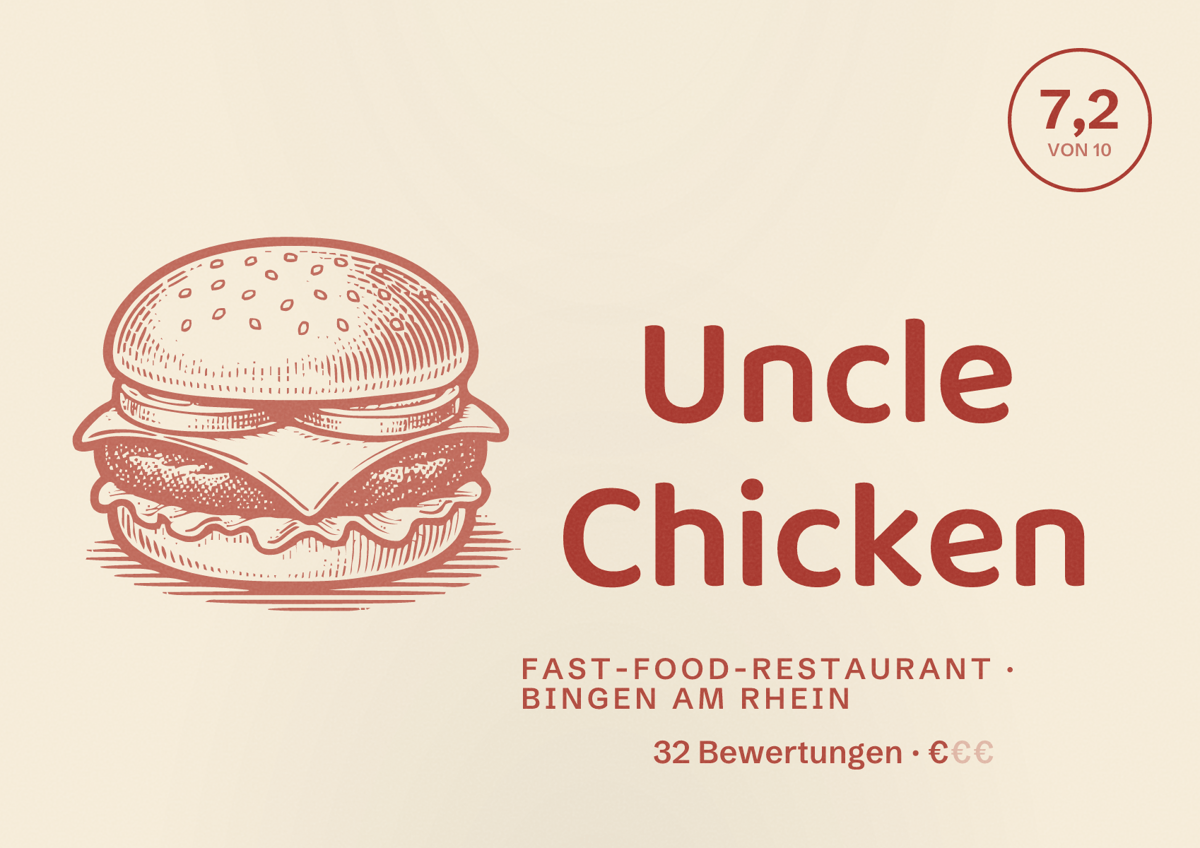 Illustriertes Poster von Uncle Chicken, Fast-Food-Restaurant in Bingen am Rhein: Bewertung 7,2 von 10 aus 32 Bewertungen, Preisniveau €