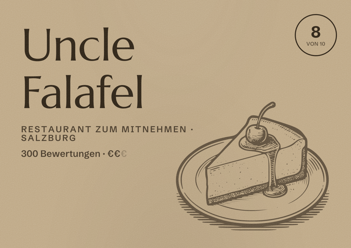 Illustriertes Poster von Uncle Falafel, Restaurant zum Mitnehmen in Salzburg: Bewertung 8 von 10 aus 300 Bewertungen, Preisniveau €€