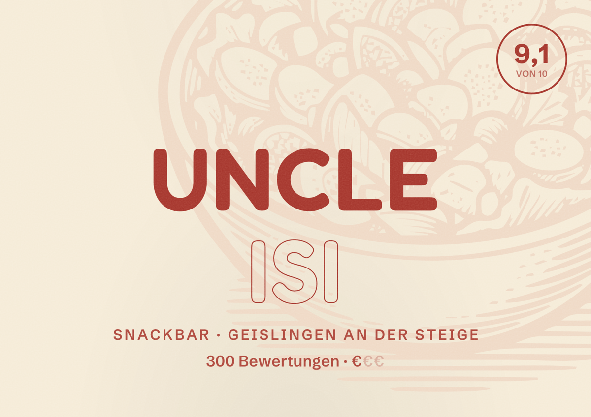 Illustriertes Poster von Uncle Isi, Snackbar in Geislingen an der Steige: Bewertung 9,1 von 10 aus 300 Bewertungen, Preisniveau €
