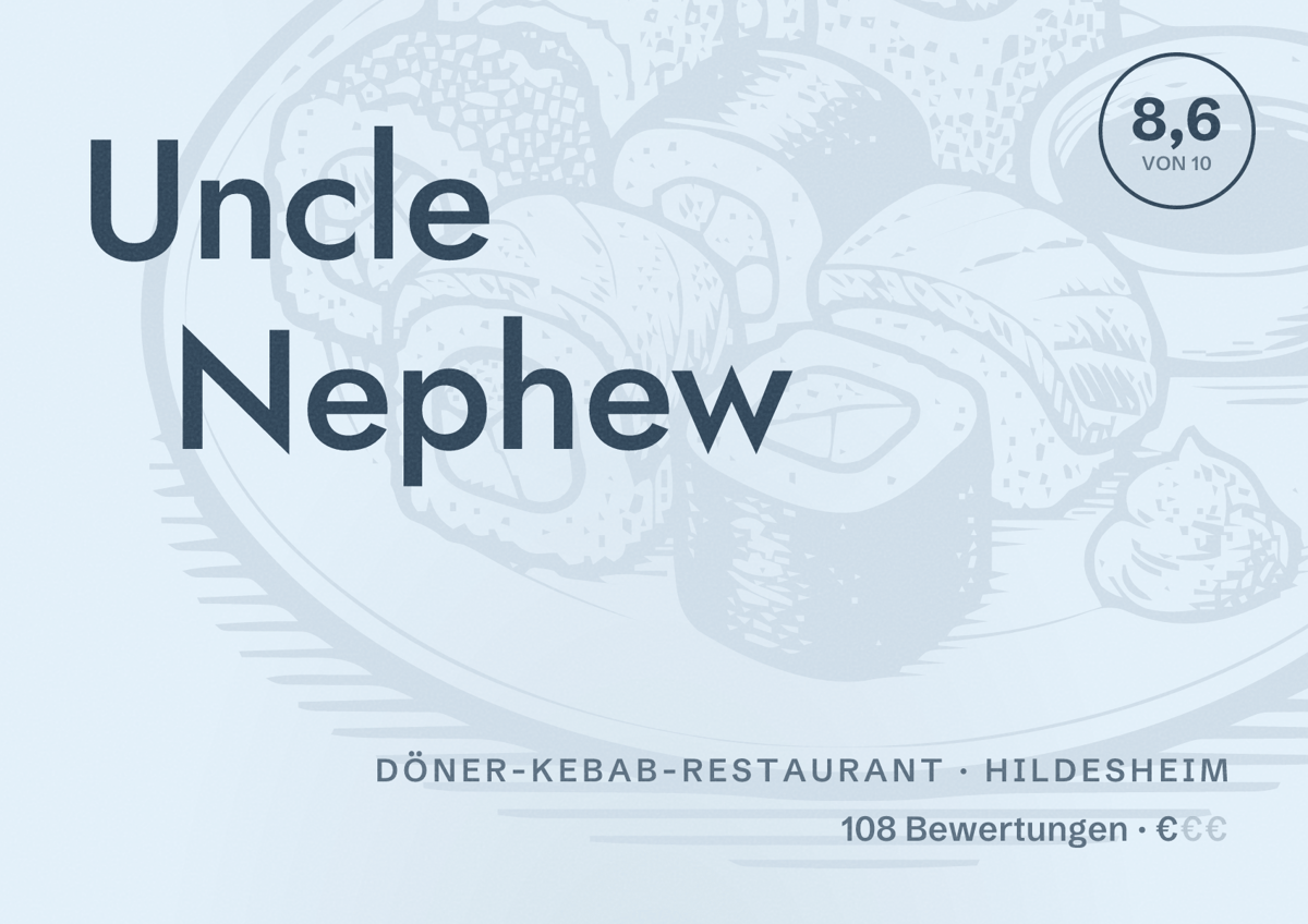 Illustriertes Poster von Uncle Nephew, Döner-Kebab-Restaurant in Hildesheim: Bewertung 8,6 von 10 aus 108 Bewertungen, Preisniveau €