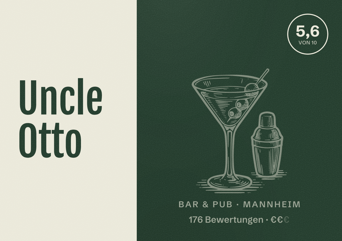 Illustriertes Poster von Uncle Otto, Bar & Pub in Mannheim: Bewertung 5,6 von 10 aus 176 Bewertungen, Preisniveau €€