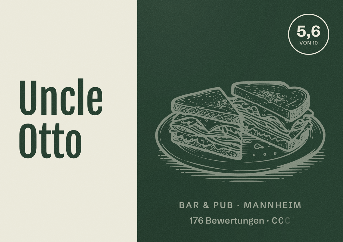 Illustriertes Poster von Uncle Otto, Bar & Pub in Mannheim: Bewertung 5,6 von 10 aus 176 Bewertungen, Preisniveau €€