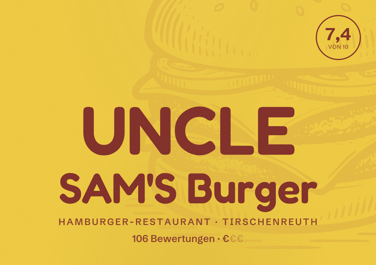Illustriertes Poster von UNCLE SAM'S Burger, Hamburger-Restaurant in Tirschenreuth: Bewertung 7,4 von 10 aus 106 Bewertungen, Preisniveau €