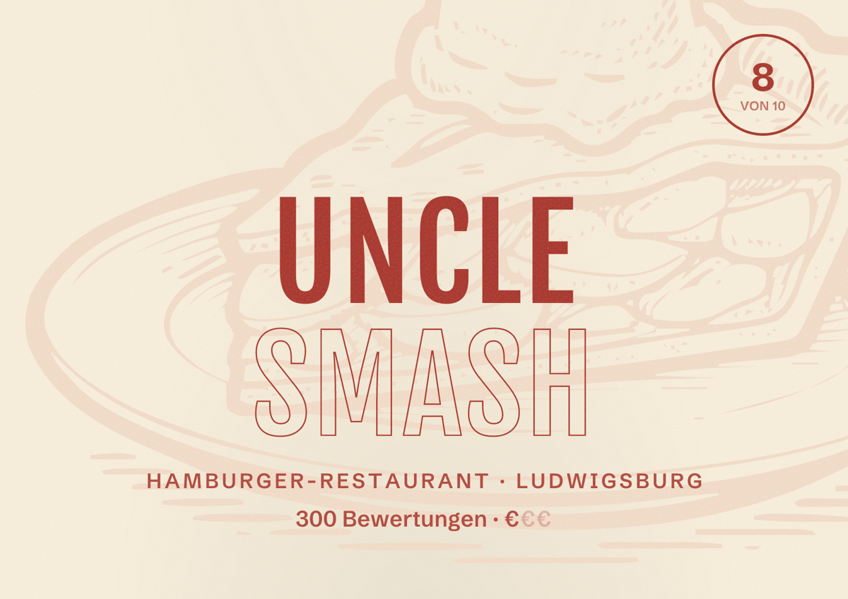 Illustriertes Poster von Uncle Smash, Hamburger-Restaurant in Ludwigsburg: Bewertung 8 von 10 aus 300 Bewertungen, Preisniveau €