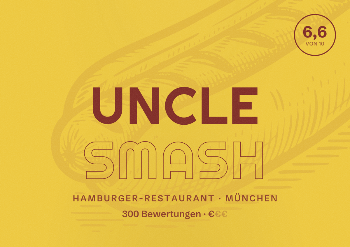 Illustriertes Poster von Uncle Smash, Hamburger-Restaurant in München: Bewertung 6,6 von 10 aus 300 Bewertungen, Preisniveau €