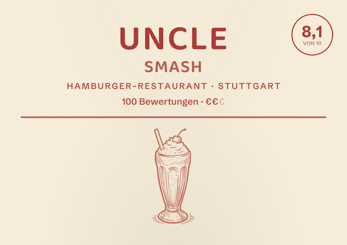 Illustriertes Poster von Uncle Smash, Hamburger-Restaurant in Stuttgart: Bewertung 8,1 von 10 aus 100 Bewertungen, Preisniveau €€